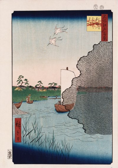 Scattered Pine Along Tone River“, ze série „Sto pohledů na známá místa v Edu“ od Ando or Utagawa Hiroshige
