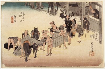 Station 23, Fujieda (barevný dřevotisk, pero, inkoust, tužka) od Ando or Utagawa Hiroshige