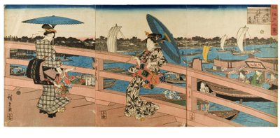 Západ slunce na mostě Ryogoku ze série Osm pohledů na známá místa v Edu, cca 1843-1847 (dřevěný blok na papíře) od Ando or Utagawa Hiroshige