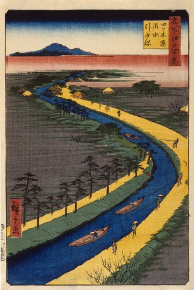 Vlečné čluny na kanálu Yotsugid?ri (barevný dřevotisk) od Ando or Utagawa Hiroshige
