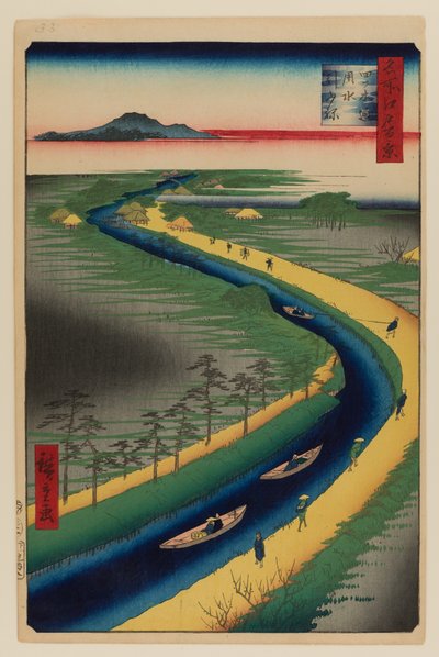 Vlečné lodě podél kanálu Yotsugi-dori od Ando or Utagawa Hiroshige