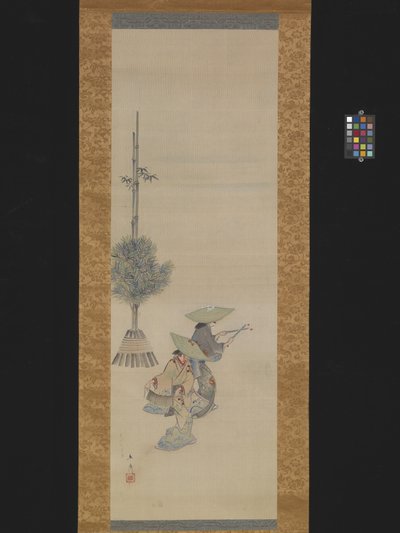 Tančí dvě ženy s klobouky (inkoust a barva na hedvábí) od Ando or Utagawa Hiroshige