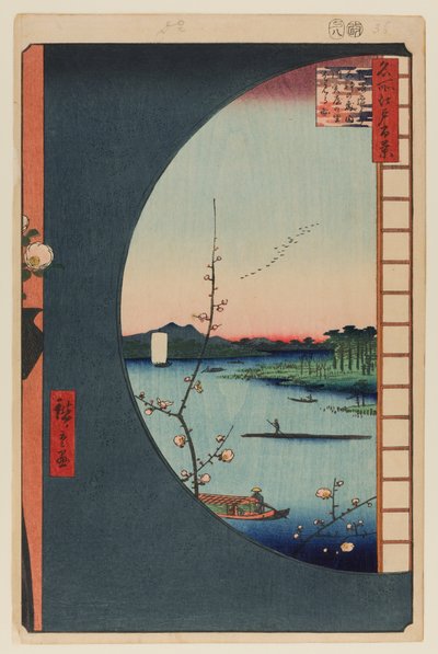 Pohled z Massaki na svatyni Suidžin, zátoku Učigawa a Sekiju od Ando or Utagawa Hiroshige