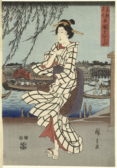 Woman Walking on a Riverbank, pub.C1848 (barevný dřevotisk) od Ando or Utagawa Hiroshige