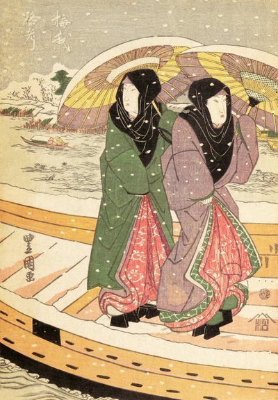 Ženy jdoucí přes most ve sněhu, pub.c.1848 (barevný dřevotisk) od Ando or Utagawa Hiroshige