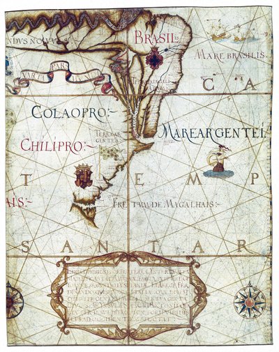 Mapa Jižní Ameriky, v Universa a Navigabilis Totius Terrarum Orbis Descriptio 1559 (barevný rukopis) od André Homem