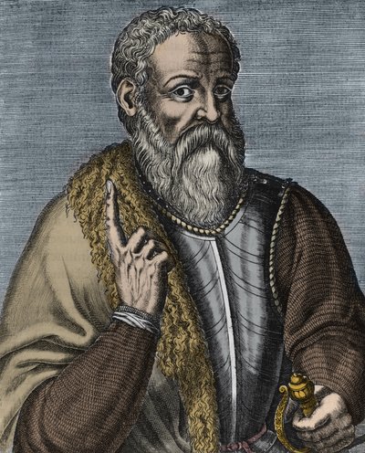 Hernando Cortez nebo Cortes (1485-1547) Španělská rytina dobyvatele po Andre Thevet (1516-1590) - Portrét dobyvatele Hernana (ou Hernanda) Cortese nebo Fernanda Corteze (1485-1547) od Andre (after) Thevet