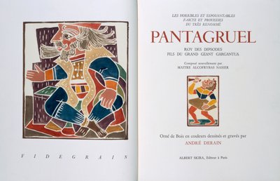 Titulní strana knihy "Les horribles et espouvantables faictz et prouesses du tres renomme Pantagruel, Roy des Dipsodes, fils du grand geant Gargantua". Compose nouvellement par Maitre Alcofybras Nasier", Francois Rabelais (asi 1494-1553) 1943 (dřevoryt) od Andre Derain