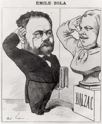 Karikatura Emila Zoly (1840-1902) zdravící bustu Honore de Balzaca (1799-1850) 1878 od Andre Gill