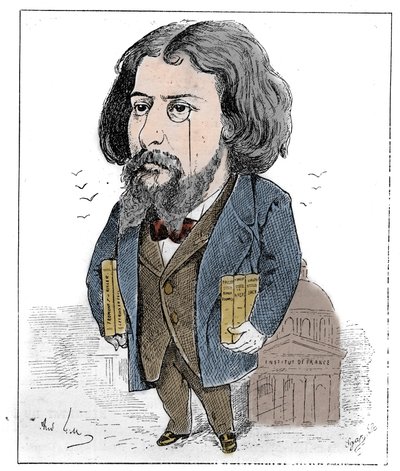 Kreslený film Alphonse Daudeta (1840-1897), francouzského spisovatele, zastupoval svými knihami a svým monoklem před Institut de France v Paříži. Kresba Andre Gill. Gravírování v „“Le Monde Illustré““ od Andre Gill