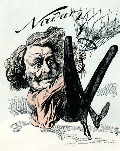 Karikatura Felixe Nadara, průkopníka leteckého snímku v roce 1858, zde visící z jeho balónu (rytina) od Andre Gill
