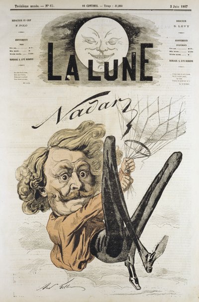 Kreslený film Felixe Nadara, průkopníka leteckého snímku z roku 1858, zde visící z jeho balónu od Andre Gill