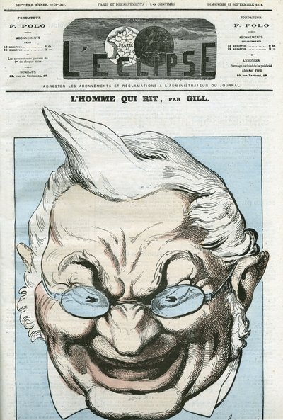 Karikatura „“ muže, který se směje“, Adolphe Thiers (1797-1877), francouzský politik. Obálka “”L