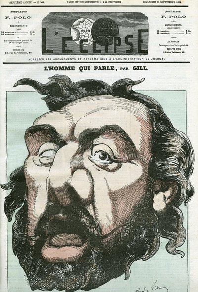 Karikatura „muž, který mluví“, Leon Gambetta (1838-1882), francouzský politik. Obálka “”L