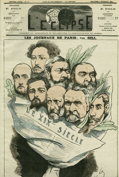 Kreslený film týmu novin „“Le XIXe siècle“, režie Edmont About (1828-?), francouzský literát. Obálka „“L