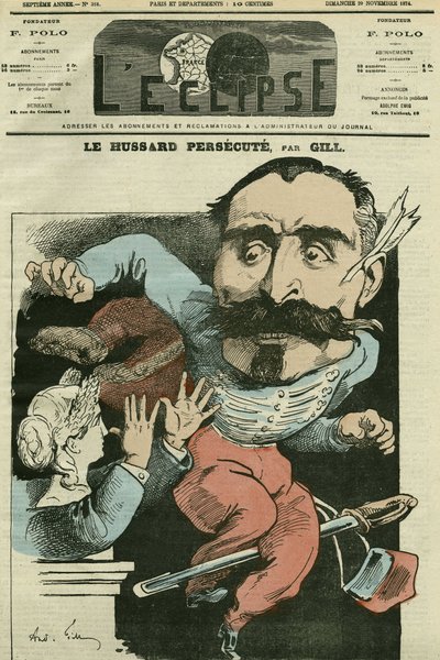 Kreslený „“ husar pronásleduje (tím, že si Marianne dělá nos), Monsieur de Saint-Genest (Saint Genest). Obálka v „“The Eclipse““ od Gilla, 29. listopadu od Andre Gill
