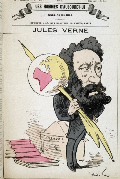 Jules Verne štípající zemi do svého pera – od Gilla, v „The men of today““ od Andre Gill