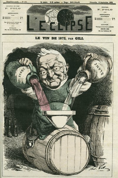 Le vin de 1872, ilustrace Adolphe Thiers míchající bílé a červené víno (1797-1877), francouzský historik a státník. Obálka “”L