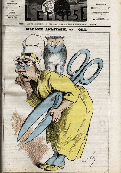 Madame Anastasia s nůžkami cenzury Anastasia symbolizuje cenzuru tisku a vydavatelství a pravděpodobně přebírá své jméno od papeže Anastasia I., který zakazuje některé knihy, které neodpovídají křesťanské kosmologii. Ilustrace Andre od Andre Gill