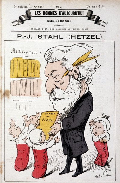 Portrét Pierra Julese Hetzela nabízejícího Stahlova díla (jeho pseudonym) batolatům, „The Men of Today“, n.d. konec 19. od Andre Gill