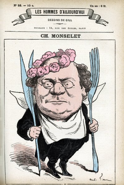 Portrét Charlese Monseleta (1825-1888), francouzského básníka, novináře, prozaika a gastronoma. Cartoon od Gill, v "Les Homme d