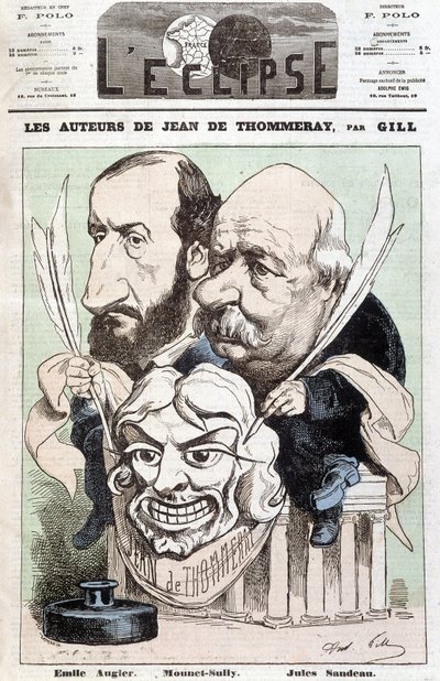 Portrét Emila AUGIERA (1820-1889) a Julese SANDEAUA (1811-1883), autorů hry „“ Jean de Pommeray, držících masku zobrazující tvář komika Mounet-Sully (Jean Sully Mounet, Mounet Sully od Andre Gill