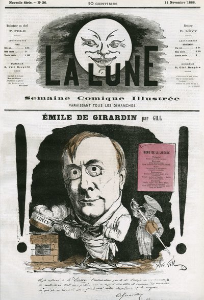 Portrét Emile de Girardin (1806-1881), francouzský novinář. Cartoon od Gill, v "The Moon", 11. listopadu od Andre Gill