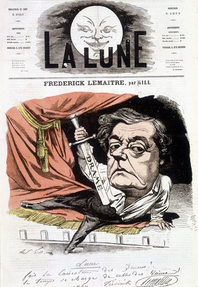 Portrét Frédéricka Lemaîtra (1800-1876), francouzského divadelního herce. Cartoon od Gill v „La Lune“, 16. června od Andre Gill