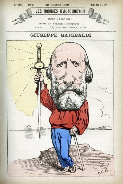 Portrét Giuseppe Garibaldiho (1807-1882), italského politika. Cartoon od Gill, v “Les Homme Today”, Paříž od Andre Gill