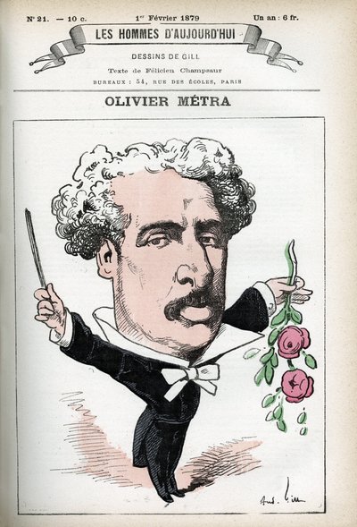 Portrét Oliviera Metra (1830-1889), francouzského herce, populárního skladatele. Cartoon od Gill, v "Les Homme d