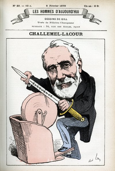 Portrét Paula-Armanda Challemela-Lacoura (1827-1896), politika, diplomata a historika francouzské filozofie. Cartoon od Gill, v "Les Homme d
