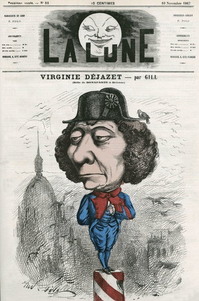 Portrét Virginie Dejazet (1798-1875), francouzské herečky v roli Bonaparte. Cartoon od Gill, v „La Lune“, 10. listopadu od Andre Gill