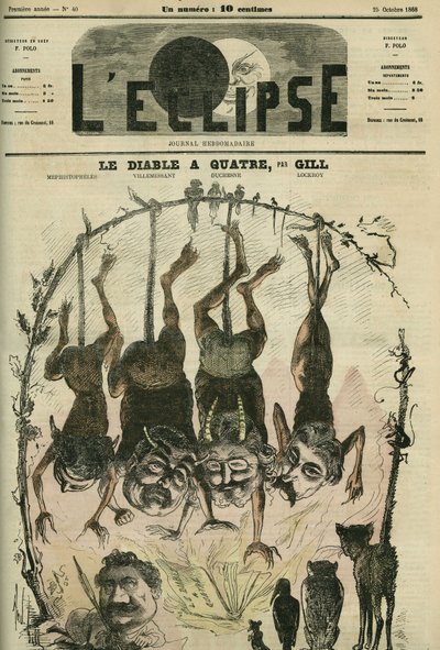 Ďábel má čtyři, politické brožury přepracované Mefistofelem (Mefisto) alias Wolffem, Villemessantem, Duchesnem, Lockroyem a jeho karikaturistou Benassitem. Obálka „“L
