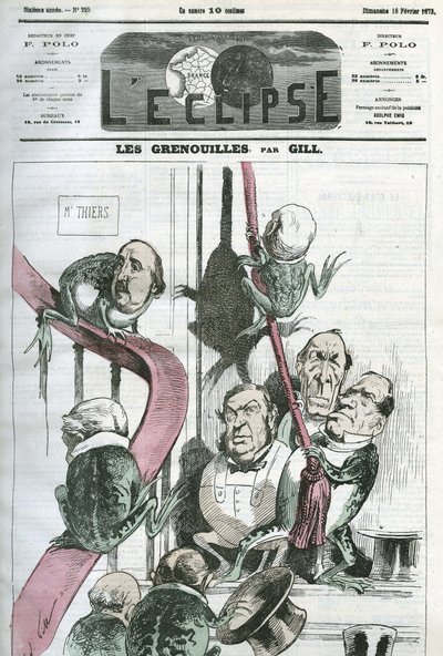 Žáby, karikatura politiků ve vládě prezidenta Thierse v žábách. Obálka “”L