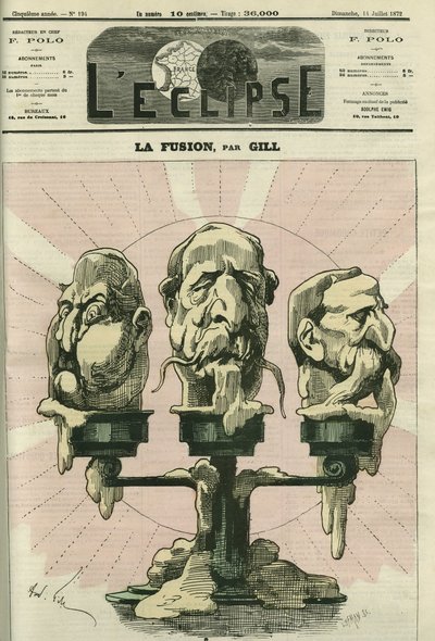 Fúze, ilustrace ústavy shromáždění, s royalisty, bonapartisty a republikány. Obálka “”L