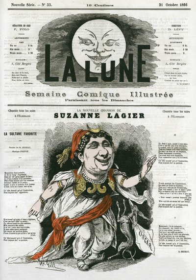 Nová píseň Suzanne Lagier, zpěvačky z Eldorada. Cartoon by Gill, v "The Moon", 21. října od Andre Gill