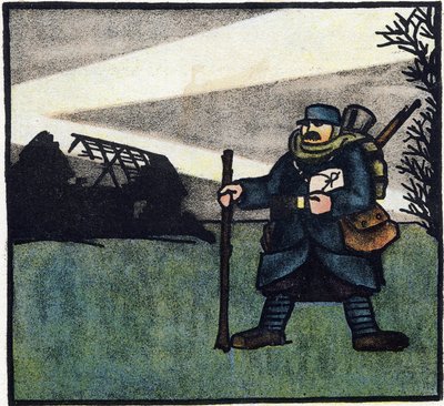 První světová válka 1914-1918 (14-18): Chlupatý. Portrét vojáka francouzské armády ve vojenské uniformě s batohem, brašnou a puškou. Rytina v "Abecedě Velké války 1914-1916 (pro děti našich vojáků)". Editions Berger-Levrault od Andre Helle