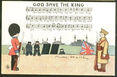Pohlednice, satirická v barvách: Anglie Velká Británie, zpěv - vojáci Ilustrace Andre Helle (1875-1945) od Andre Helle