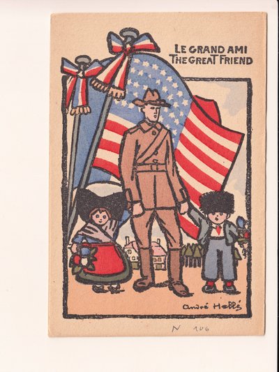 Pohlednice, satirická v barvách: Ilustrace: Le grand ami the great friend - War of 14 -18, Amerika, Alsasko-Lotrinsko Ilustrace: Andre Helle (1875-1945) od Andre Helle