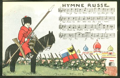 Pohlednice, satirická v barvách: (1875-1945), Rusko, zpěv - vojáci Ilustrace Andre Helle (1875-1945) od Andre Helle