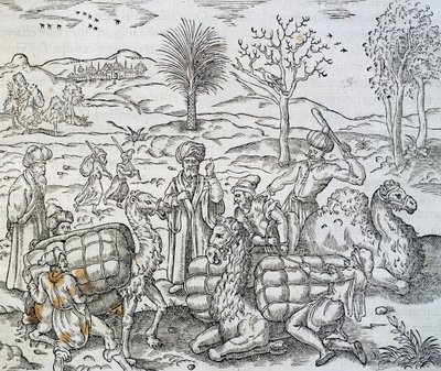 Arabští obchodníci v Sýrii, rytina z vesmírné kosmologie, Andre Thevet (1504-1592) od Andre Thevet