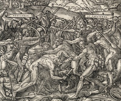 Bitva mezi kmeny Margageaz a Tabajares, rytina z Universal Cosmology, Andre Thevet (1504-1592) od Andre Thevet