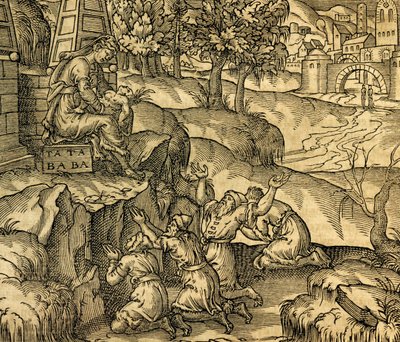 Věrná uctívající bohyně Tata Baba v Muscovy regionu, rytina z Cosmographie Universelle, od Andre