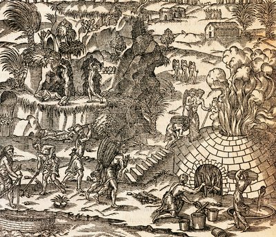 Indičtí otroci pracující v dole na Kubě, Ilustrace z Kosmografie Andre Thevet, rytina od Andre Thevet