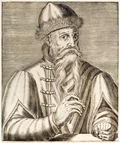 Johannes Gutenberg: Německý vynálezce, jehož vynález pohyblivého tiskového lisu odstartoval tiskařskou revoluci, z knihy True Portraits od André Théveta publikované v roce 1584 od Andre Thevet