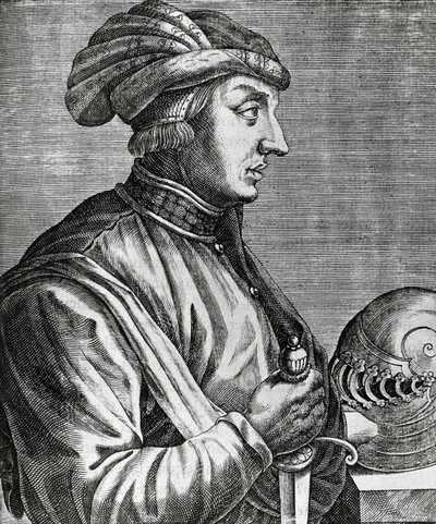 Portrét Castruccia Castracaniho (asi 1281-1328), lorda z Luccy, rytina z Les Vrais pourtraits et Vies des Hommes illustres od Andre Thevet