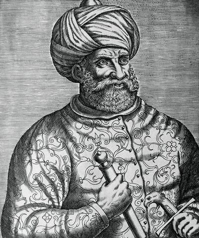 Portrét Khayr al-Din, známý jako Barbarossa (1465-1546), turecký korzár a admirál, rytina Andre Thevet (1502-1590) od Andre Thevet