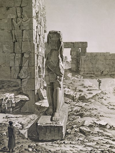 Pohled na Kolos u vchodu do hypostylových sálů paláce v Karnaku, Théby, deska 20 ze svazku III „Popisy Egypta“, vyrytý Baltardem, 1822 (akvatinta) od Andre after Dutertre