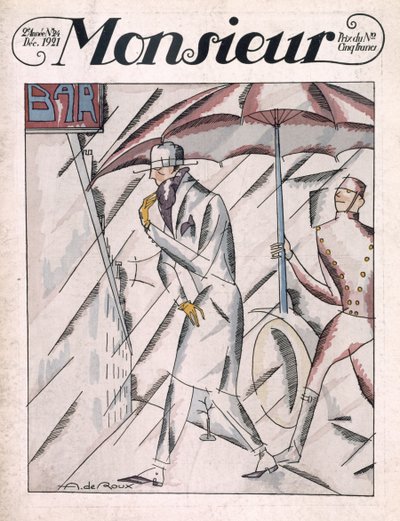 Muž v plášti, přední obálku časopisu „Monsieur“, vydání 24, Pub. Prosinec 1921 (pochoir tisk) od Andre de Roux