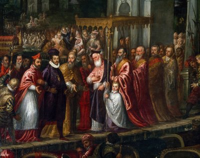 Doge Mocenigo a patriarcha Trevisan vítají Jindřicha III. na Lidu v roce 1574 od Andrea Vicentino